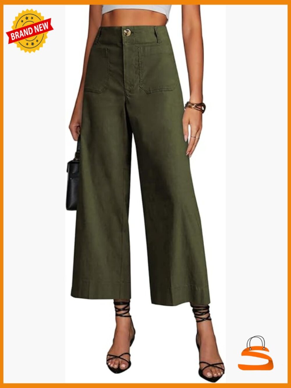 High Waisted Cropped Wide Leg Stretchy Pants Trousers w/ Pockets